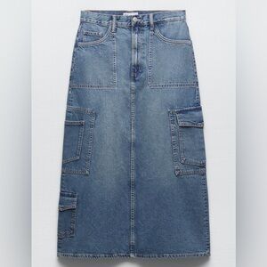 Zara Denim Jeans Cargo Maxi Skirt Size XS